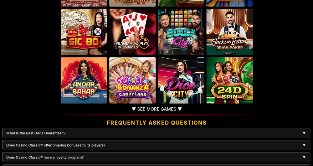 The Live Casino grid at Casino Classic Ontario, all twelve tables from Pragmatic Play, above a FAQ whose first question asks What is the Best Odds Guarantee