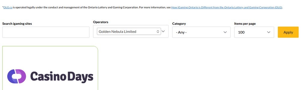 Casino Days listed in the iGaming Ontario register under Golden Nebula Limited