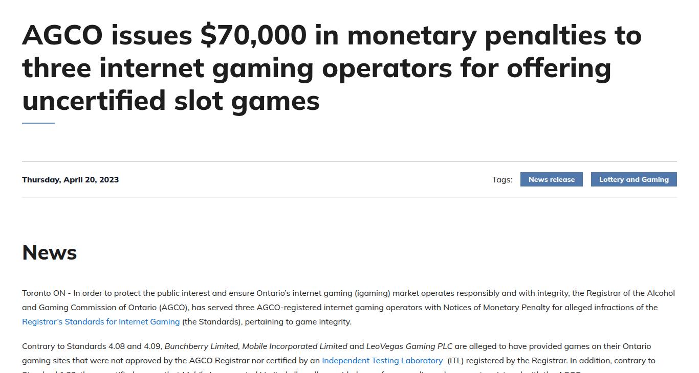 The AGCO news release of 20 April 2023 naming Bunchberry Limited among three operators penalised for uncertified games