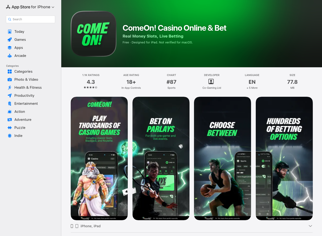 ComeOn! Casino Online & Bet on the Canadian App Store, rated 4.3 with a 77.8 MB download
