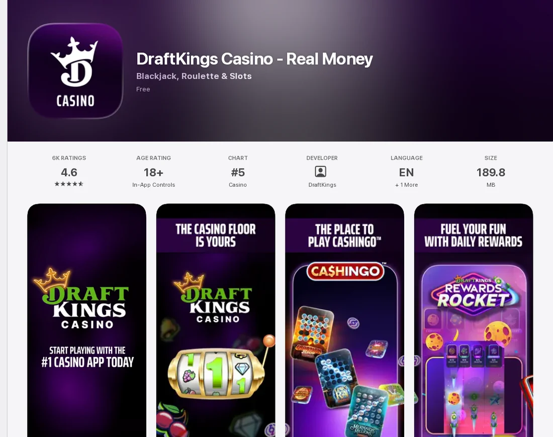 The DraftKings Casino app listing on the Canadian App Store showing its rating and size