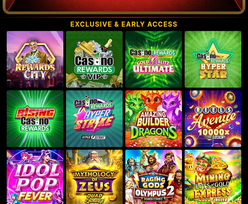 The Exclusive and Early Access grid at Golden Tiger Casino Ontario, dominated by Casino Rewards in-house titles such as Rewards City, Casino Rewards VIP and Gold Blitz Ultimate