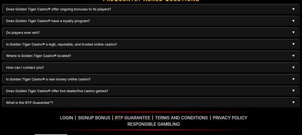 The Frequently Asked Questions section on the Golden Tiger Casino Ontario home page, the only place on the site where the live dealer offering and support channels are described