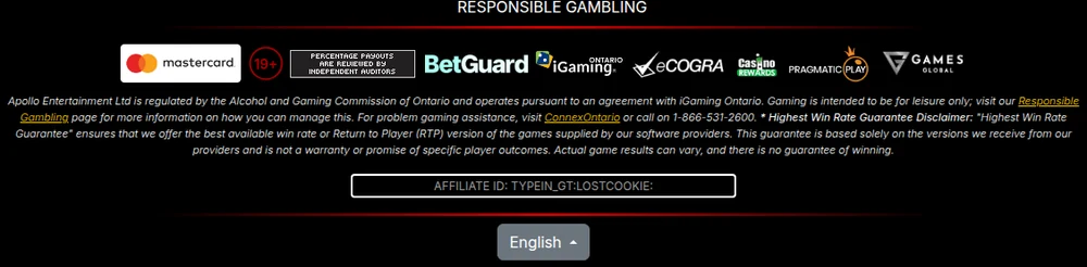 The Golden Tiger Casino Ontario footer, showing the iGaming Ontario and eCOGRA marks, the Games Global and Pragmatic Play logos, the RTP Guarantee disclaimer and an unfilled affiliate ID placeholder