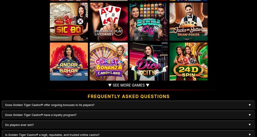 The Live Casino grid at Golden Tiger Casino Ontario, in which all twelve tables come from Pragmatic Play, including Mega Sic Bo, Andar Bahar, Sweet Bonanza CandyLand and 24D Spin