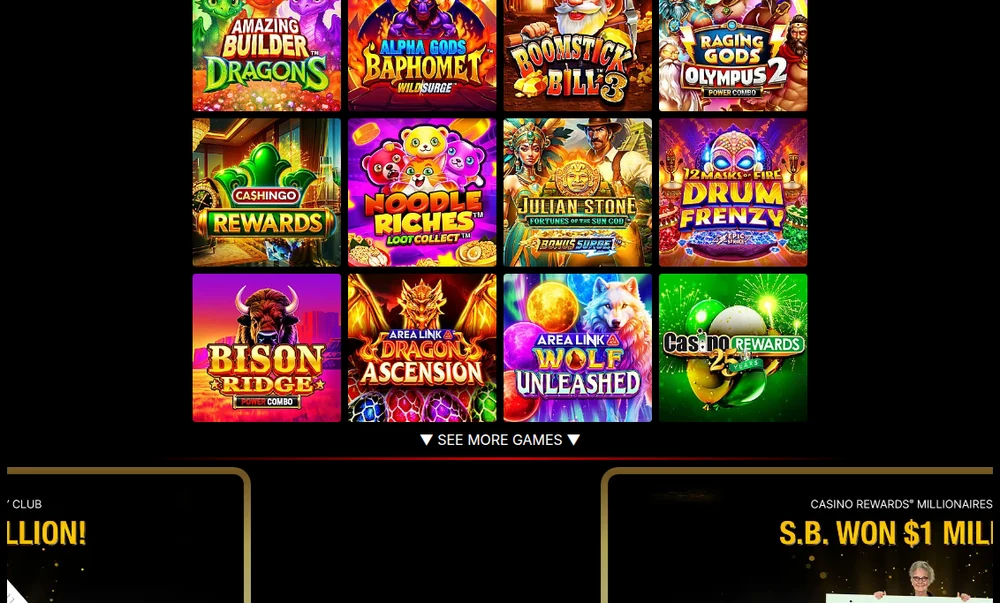 The Most Popular Games grid on the Golden Tiger Casino Ontario home page, showing twelve slot tiles including Amazing Builder Dragons, Alpha Gods Baphomet, Boomstick Bill 3 and Casino Rewards 25 Years