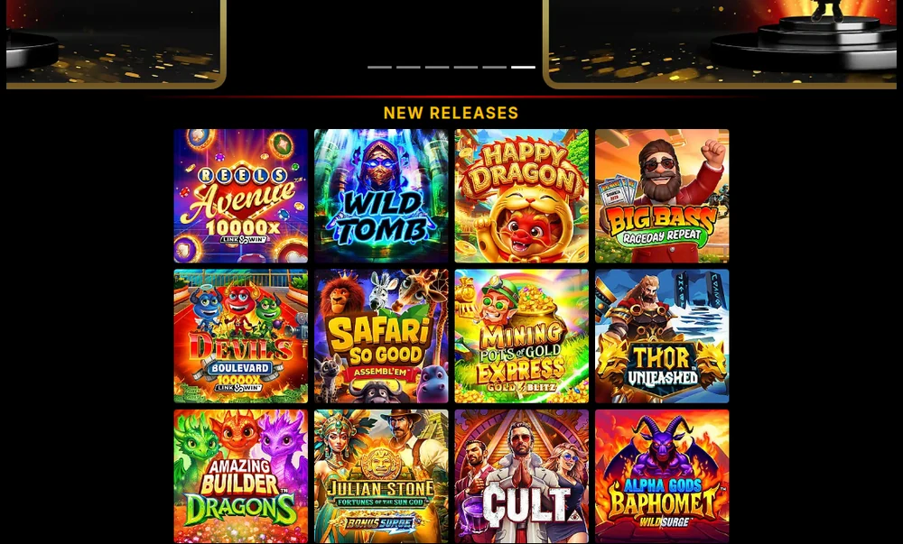 The New Releases grid on Golden Tiger Casino Ontario, with twelve recent slot titles including Wild Tomb, Happy Dragons, Safari So Good and Thor Unleashed