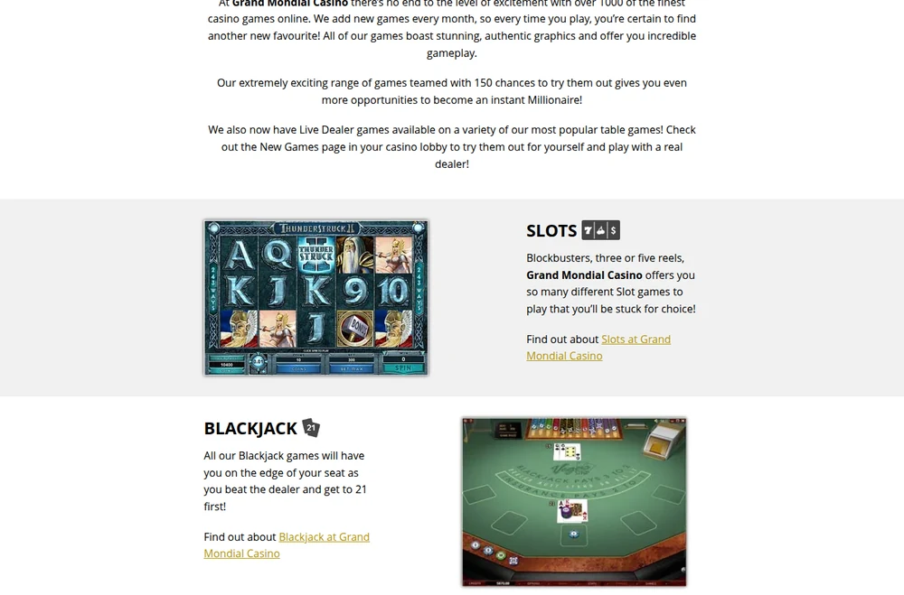 The casino games page at Grand Mondial Casino Ontario, describing slots, blackjack, roulette and video poker in prose and stating over 1000 games without listing any of them