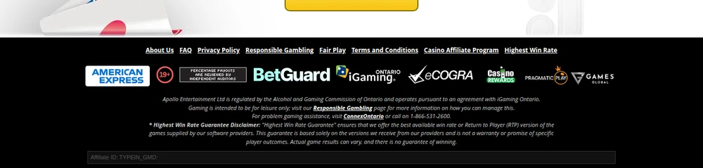 The Grand Mondial Casino Ontario footer, where American Express is the only payment logo shown, alongside the iGaming Ontario, eCOGRA, Pragmatic Play and Games Global marks and an unfilled affiliate ID placeholder