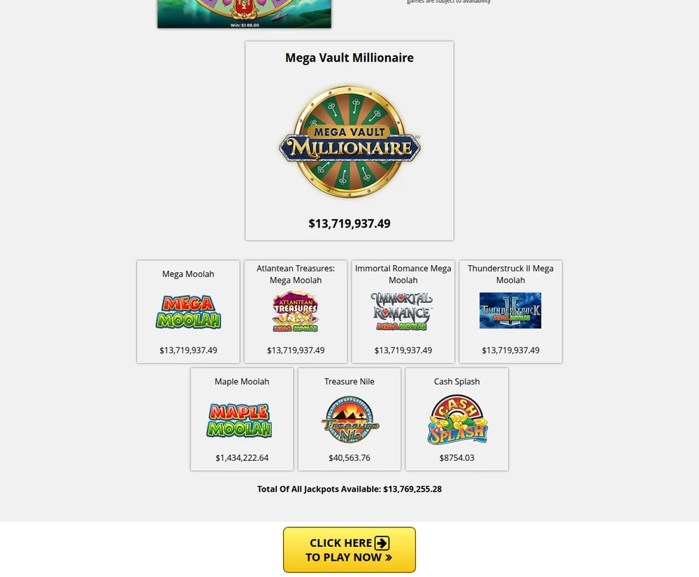The Grand Mondial Casino Ontario jackpot page, showing five games at $13,719,937.49 each above a Total Of All Jackpots Available of $13,769,255.28 — a figure smaller than several of the individual jackpots listed above it