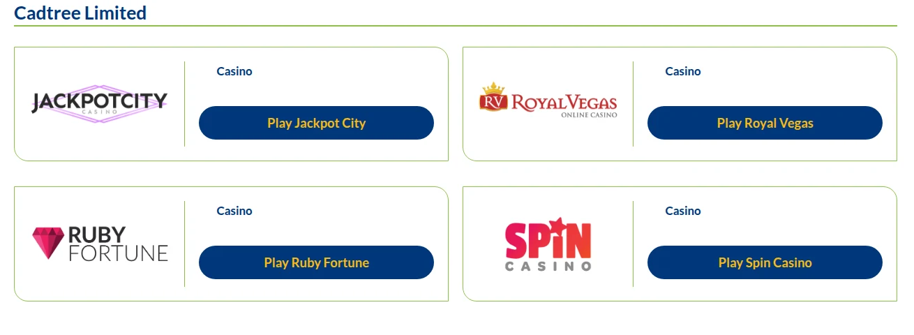 Cadtree Limited entry in the iGaming Ontario operator register showing Jackpot City, Royal Vegas, Ruby Fortune and Spin Casino