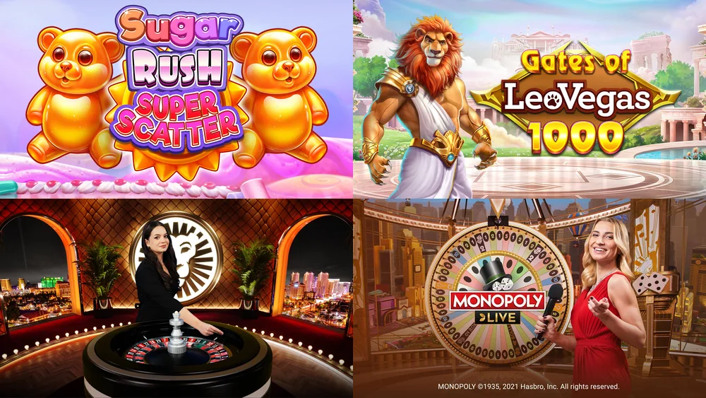 Four corners of the LeoVegas Ontario catalogue: a Pragmatic Play slot, an operator exclusive, a dedicated roulette table and a game show