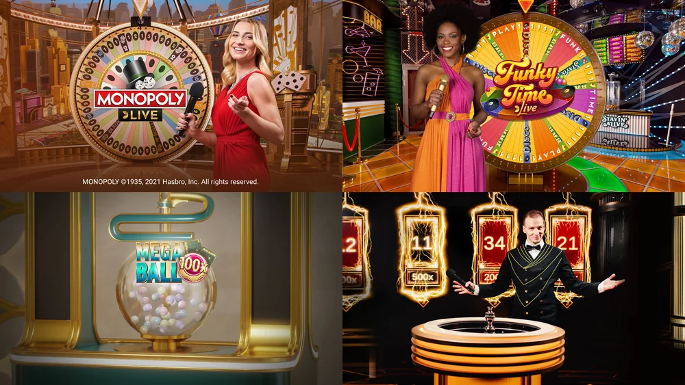 Monopoly Live, Funky Time, Mega Ball and Lightning Roulette, the Evolution game shows in the LeoVegas lobby