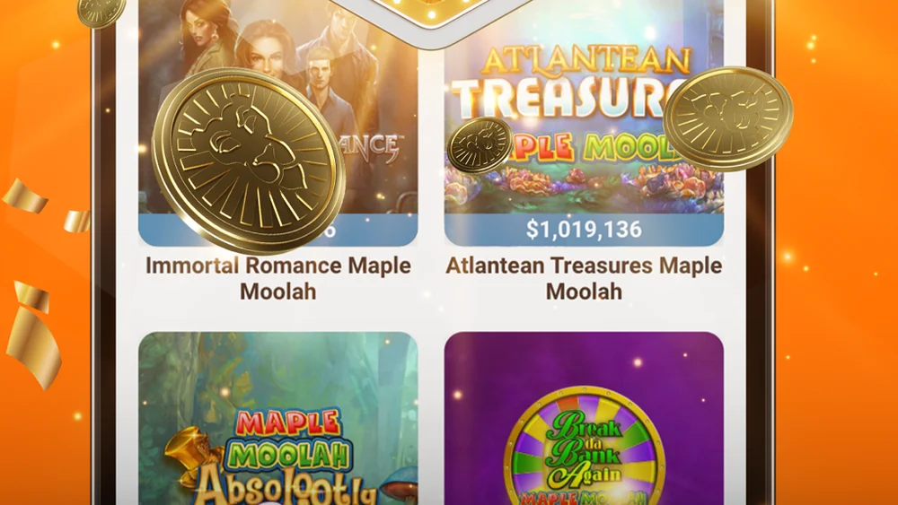 Immortal Romance Maple Moolah and Atlantean Treasures Maple Moolah in the LeoVegas Ontario jackpot shelf, the pool showing C$1,019,136