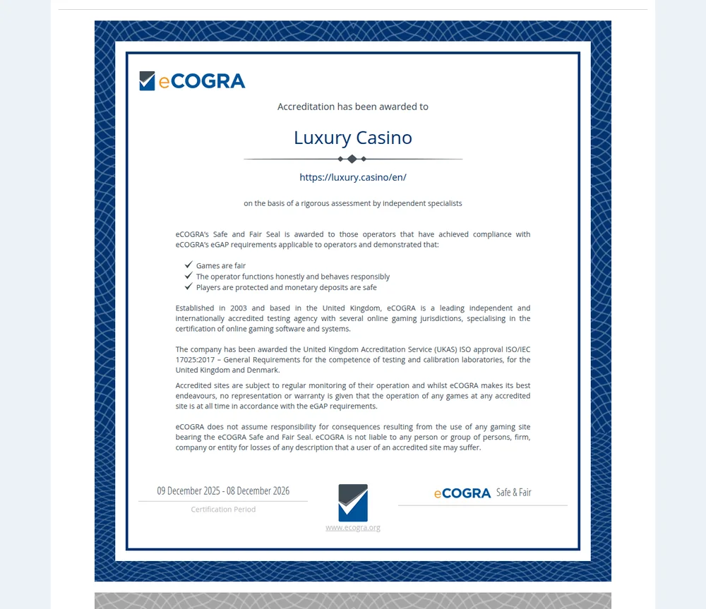 The eCOGRA Safe and Fair accreditation certificate awarded to Luxury Casino for December 2025 to December 2026