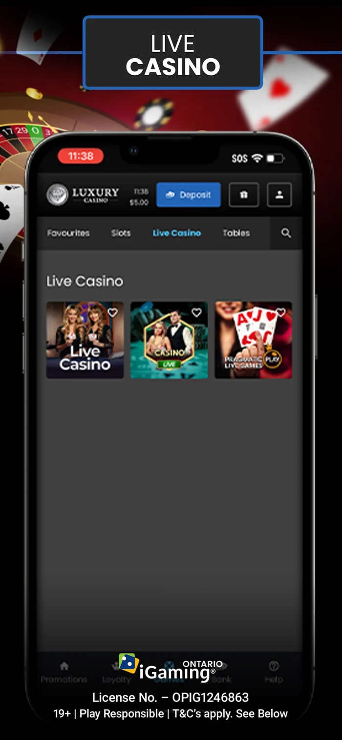 The live casino tab of the Luxury Casino Ontario app showing licence number OPIG1246863