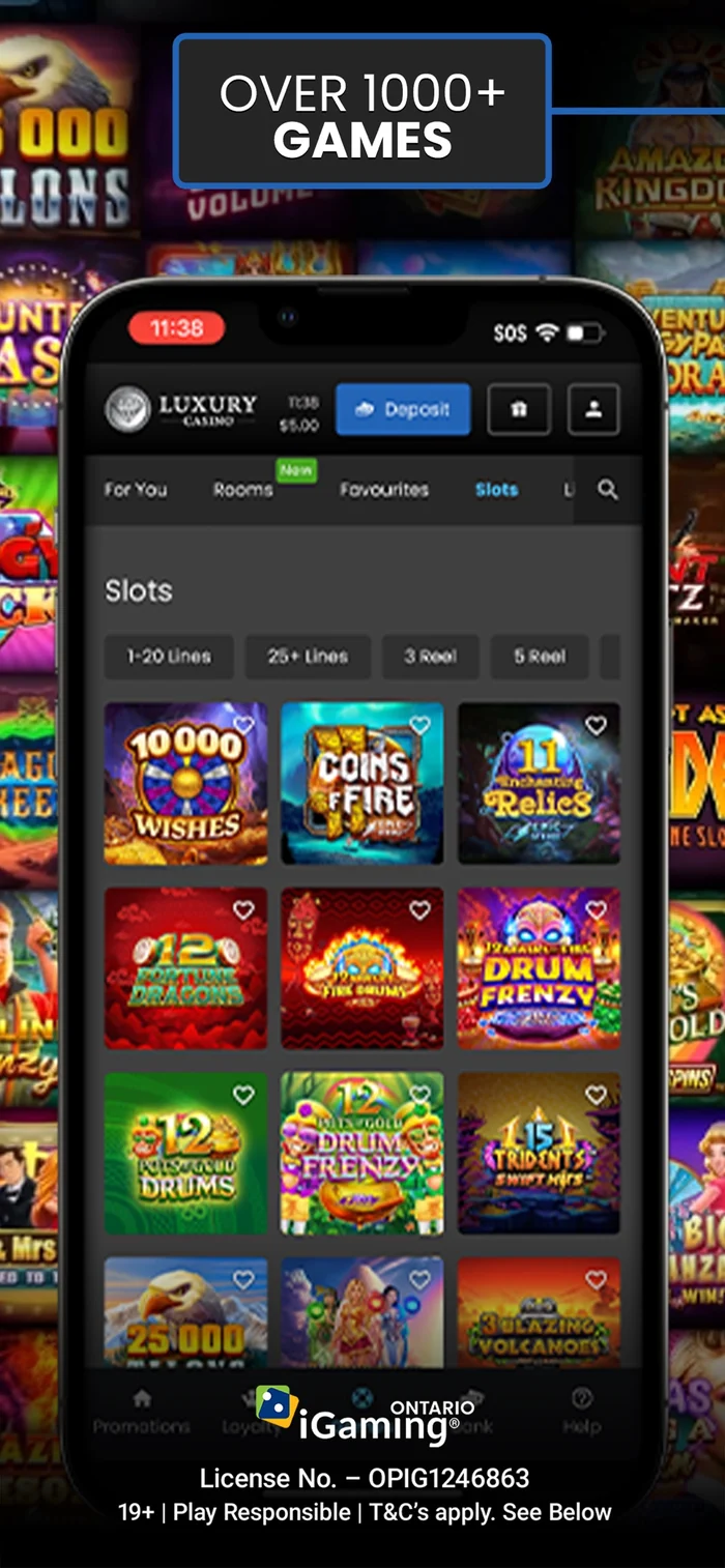 The slots lobby of the Luxury Casino Ontario app showing licence number OPIG1246863
