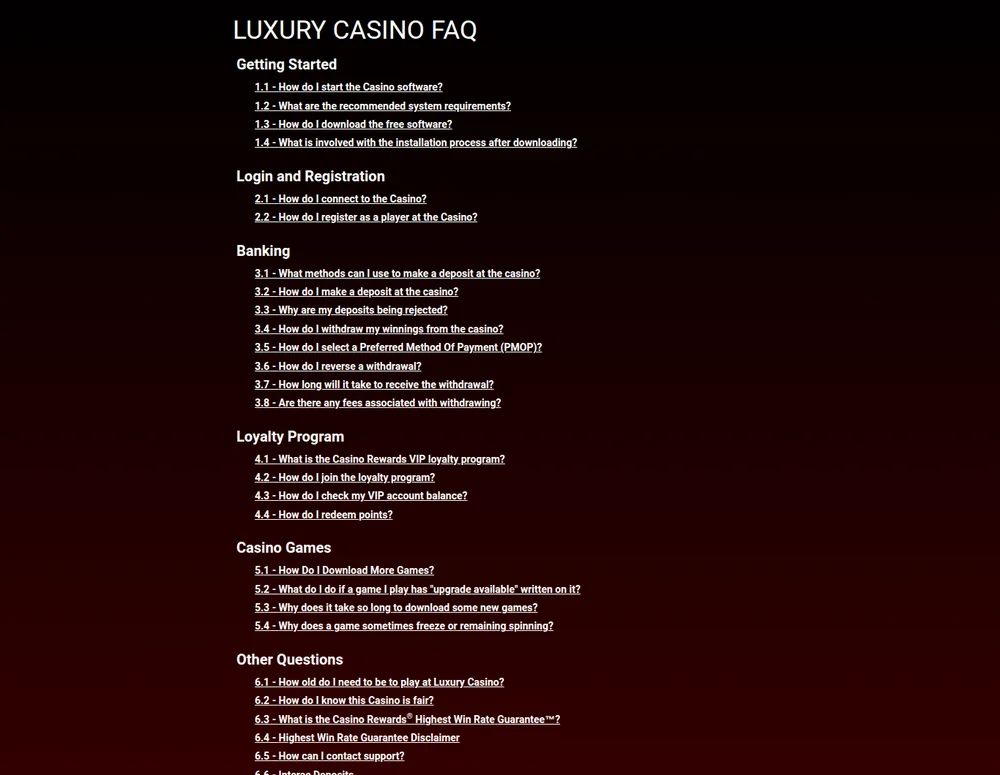 The banking section of the Luxury Casino Ontario FAQ, where the withdrawal minimums and fees are published