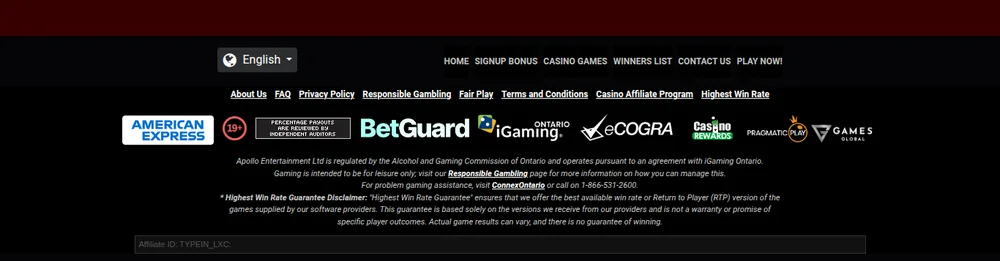 Luxury Casino Ontario footer showing the 19+ badge, BetGuard, iGaming Ontario, eCOGRA and the Highest Win Rate disclaimer