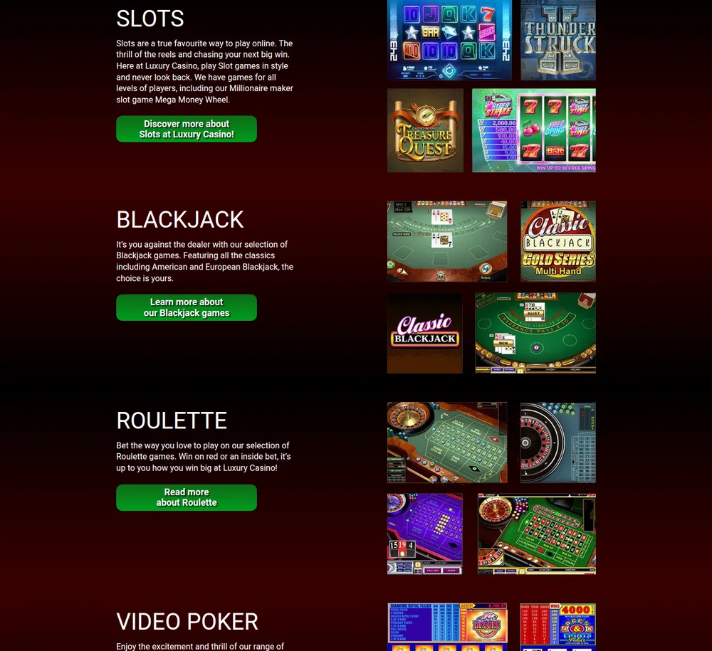 The Luxury Casino Ontario games page showing slots, blackjack and roulette sections