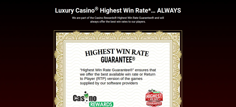 The Casino Rewards Highest Win Rate Guarantee page on Luxury Casino Ontario