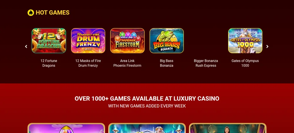 Hot games shelf on the Luxury Casino Ontario homepage with over 1000 games advertised