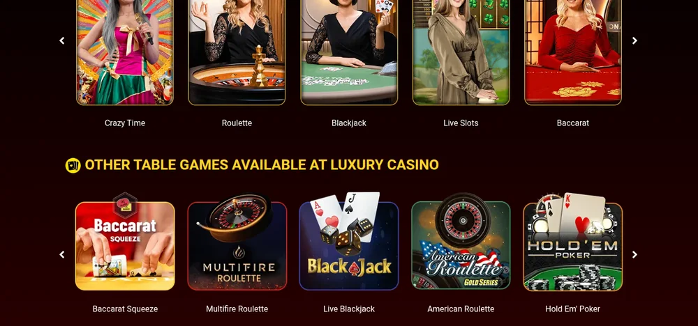 Live casino games at Luxury Casino Ontario, including Crazy Time, roulette, blackjack and baccarat