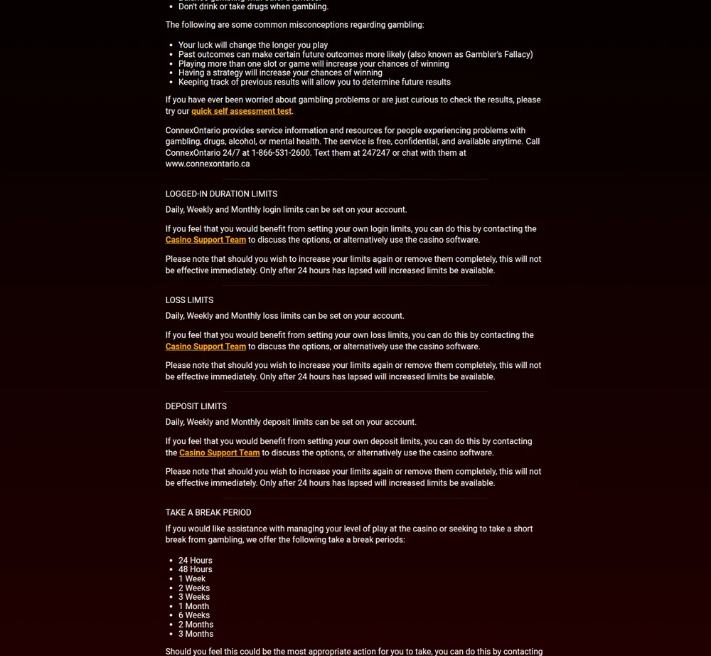Responsible gambling limits at Luxury Casino Ontario: login, loss and deposit limits with a 24-hour cooling-off period