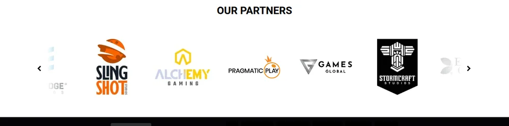 The Our Partners row on Luxury Casino Ontario naming Slingshot, Alchemy Gaming, Pragmatic Play, Games Global and Stormcraft Studios