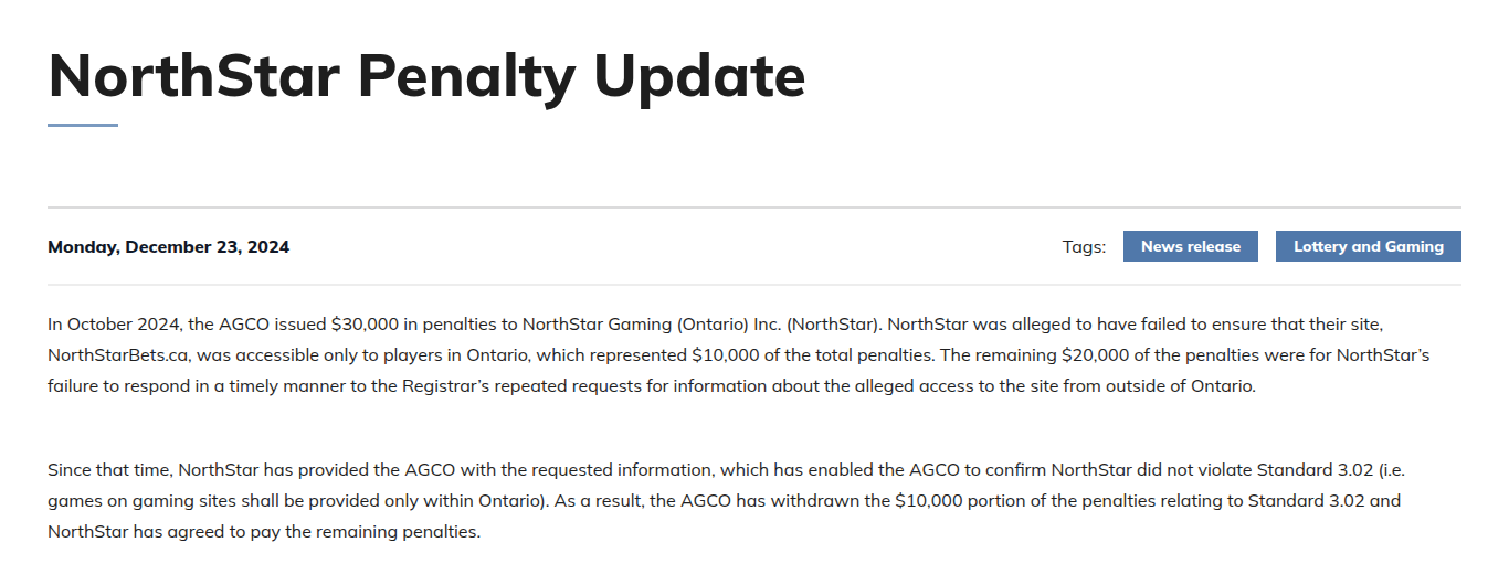 The AGCO notice of 23 December 2024 withdrawing the Standard 3.02 portion of the NorthStar penalty