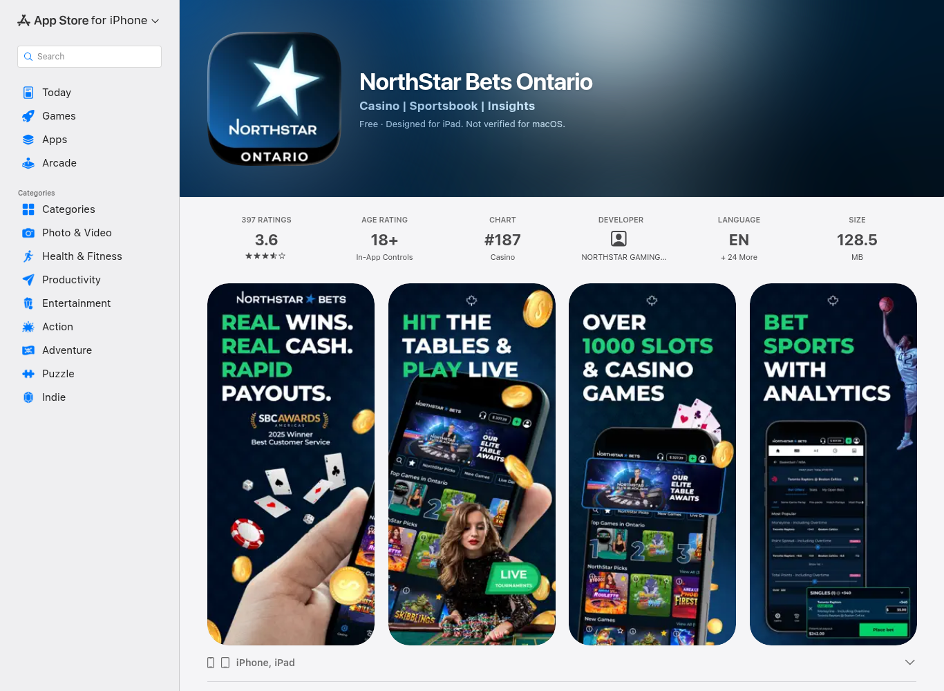 NorthStar Bets Ontario on the Canadian App Store, rated 3.6 with a 128.5 MB download