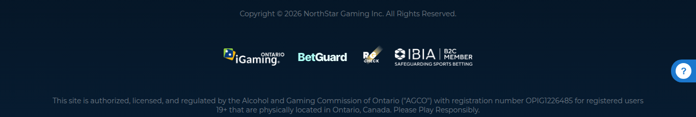 The NorthStar Bets footer showing AGCO registration OPIG1226485 alongside iGaming Ontario, BetGuard, RG Check and IBIA seals