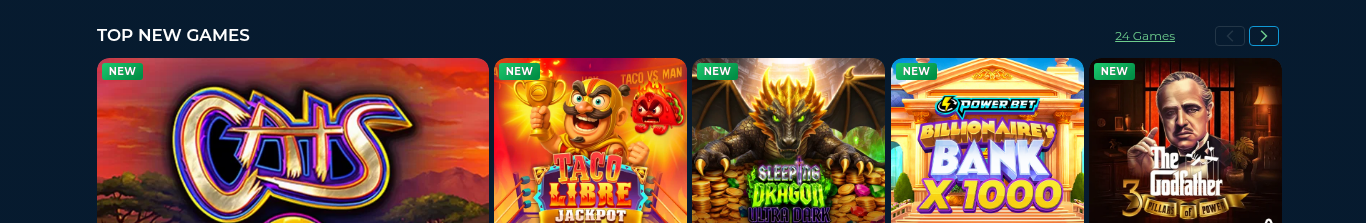 Top New Games shelf at NorthStar Bets Ontario listing 24 recent slot releases