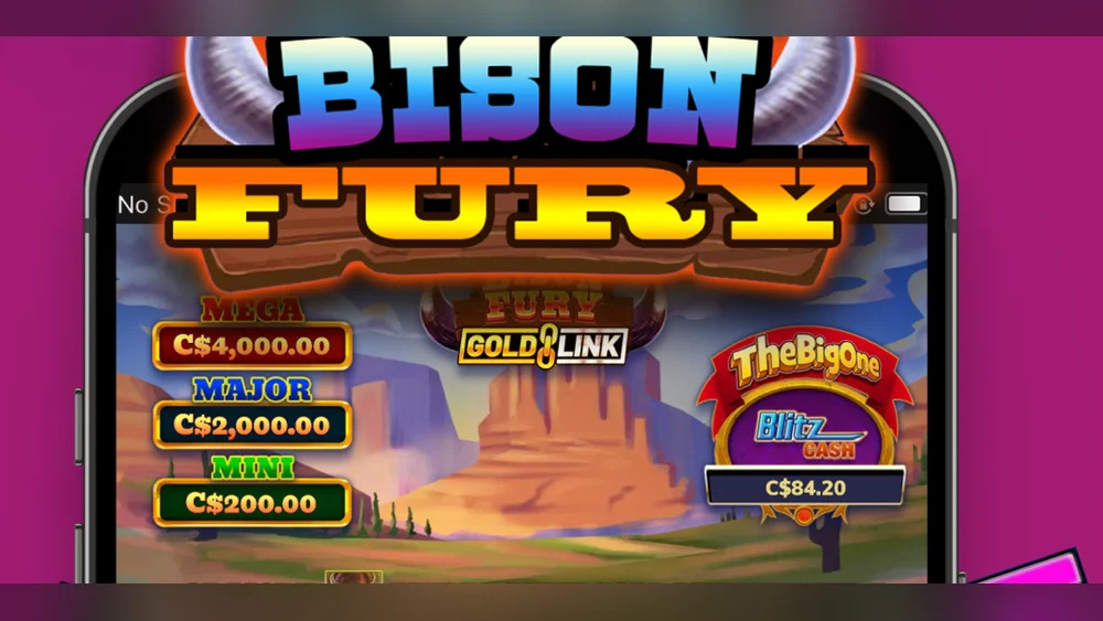 Bison Fury jackpot ladder at PartyCasino Ontario showing Mega C$4,000, Major C$2,000 and Mini C$200 beside The Big One