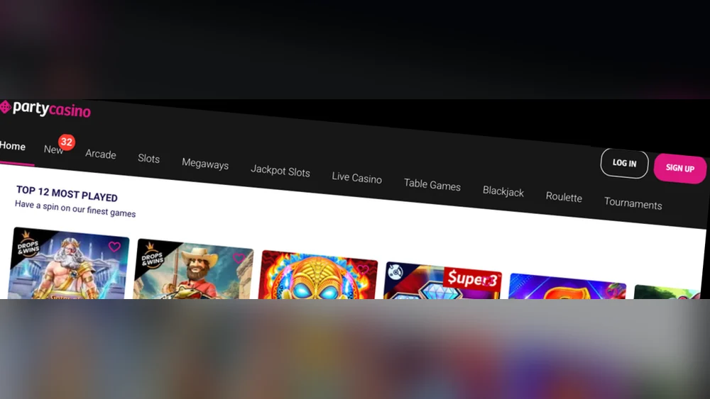 PartyCasino Ontario lobby navigation showing Arcade, Slots, Megaways, Jackpot Slots, Live Casino, Table Games, Blackjack, Roulette and Tournaments