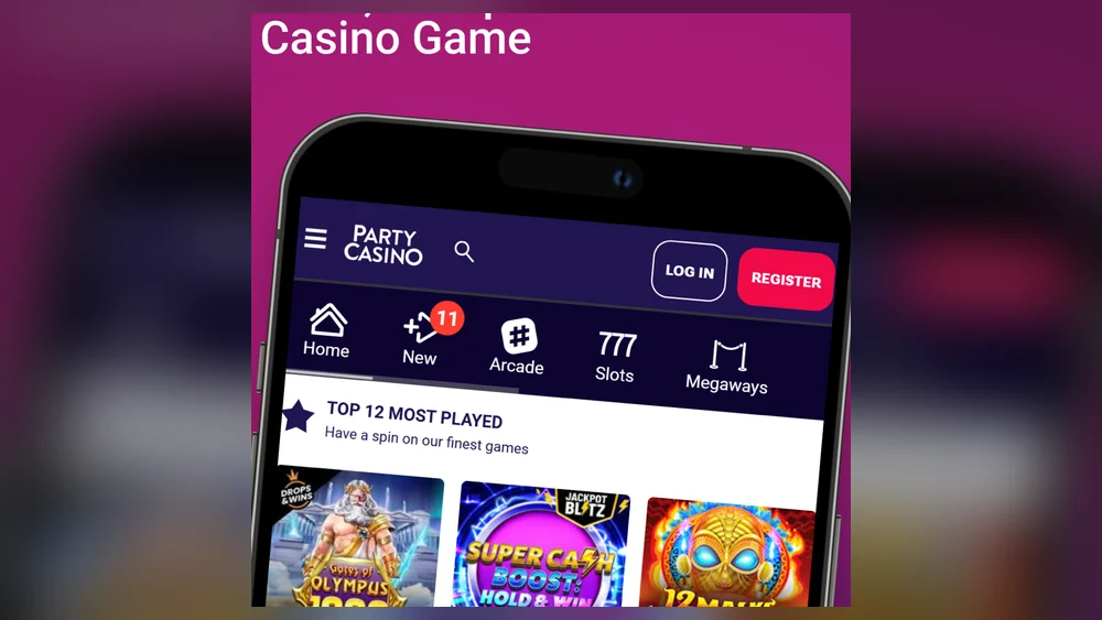 PartyCasino Ontario mobile app lobby with Home, New, Arcade, Slots and Megaways tabs