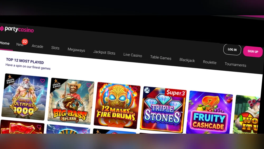 Top 12 Most Played shelf in the PartyCasino Ontario lobby with Gates of Olympus 1000, Big Bass Splash and 12 Masks of Fire Drums