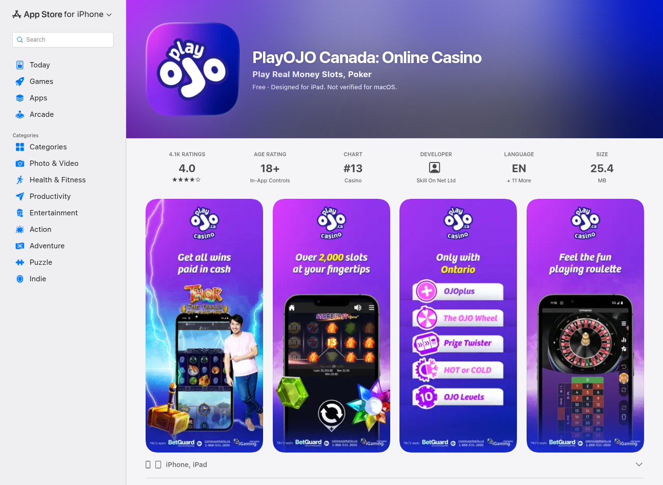 PlayOJO Canada listing on the Canadian App Store, rated 4.0 with a 25.4 MB download