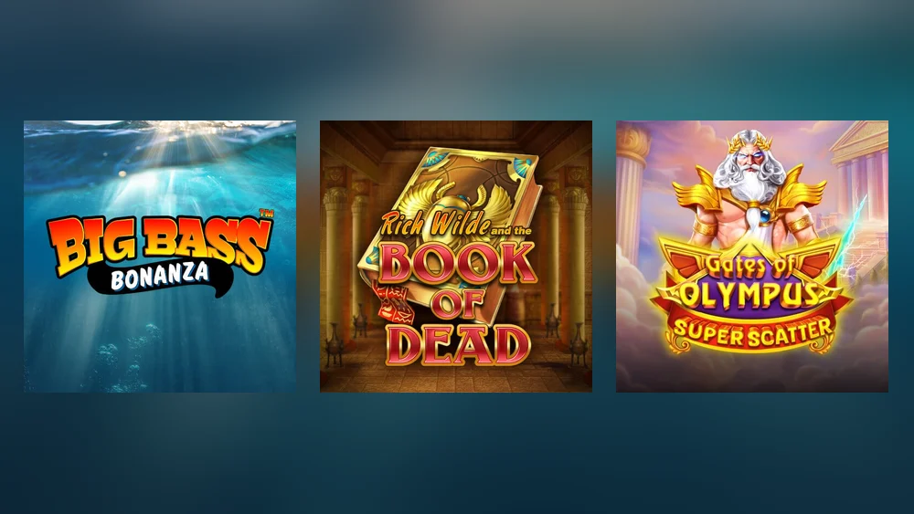 PlayOJO Ontario slots shelf with Big Bass Bonanza, Book of Dead and Gates of Olympus Super Scatter