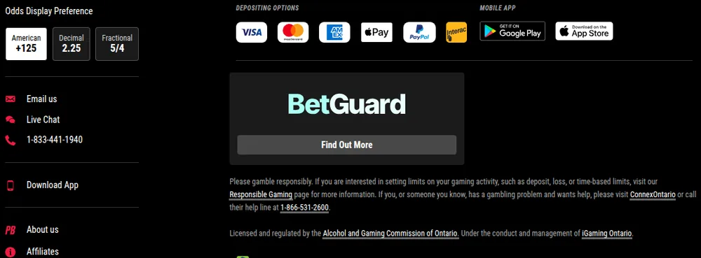 Payment methods and contact channels in the PointsBet Ontario footer