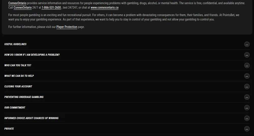 Responsible gambling page at PointsBet Ontario