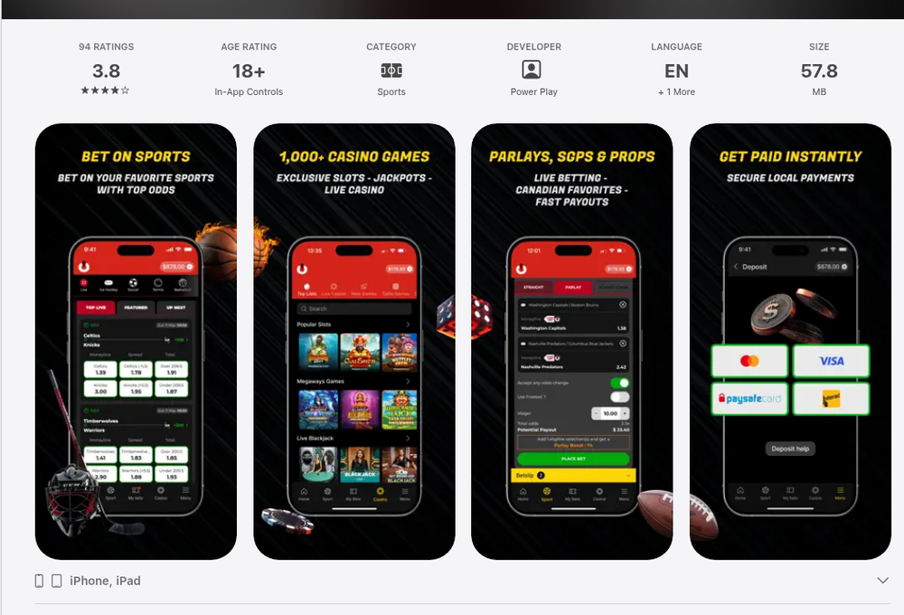 PowerPlay Ontario iOS app listing showing 3.8 from 94 ratings and an 18+ age rating