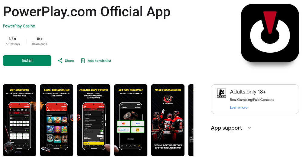 PowerPlay Ontario Android app listing showing 3.8 stars from 77 reviews and 1K+ downloads