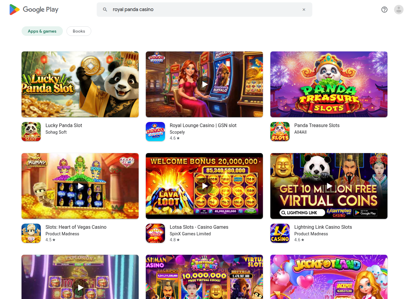 Searching Royal Panda casino on Google Play Canada returns only unrelated social casino games