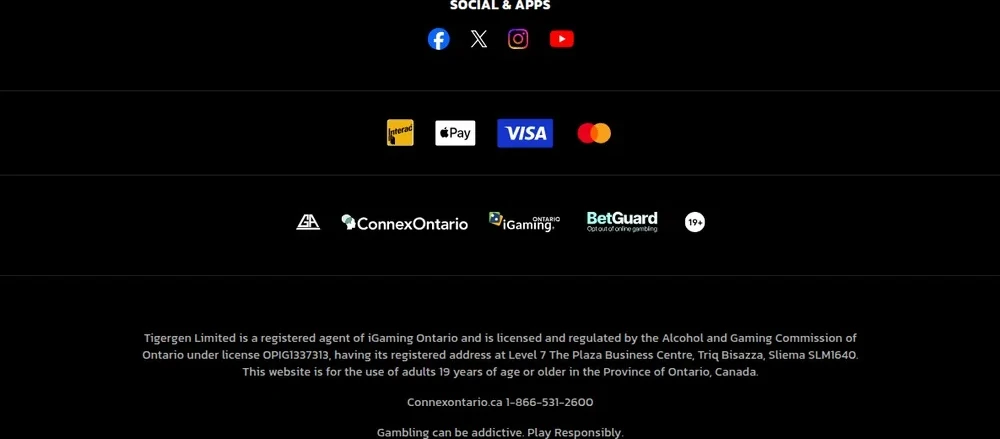 Royal Panda Ontario footer: Tigergen Limited, licence OPIG1337313, 19+, and the four payment methods