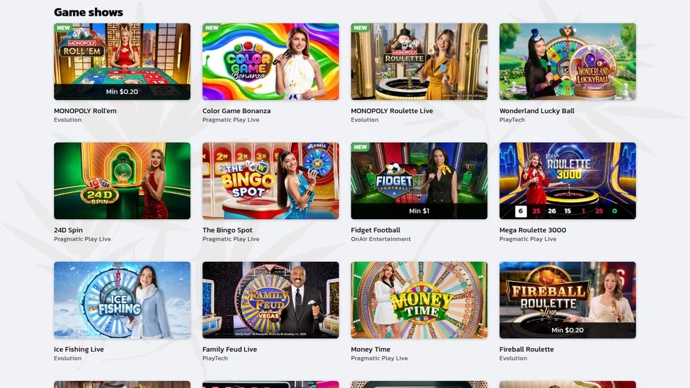 Royal Panda Ontario game shows with MONOPOLY Roll em, Fidget Football and minimum stakes shown