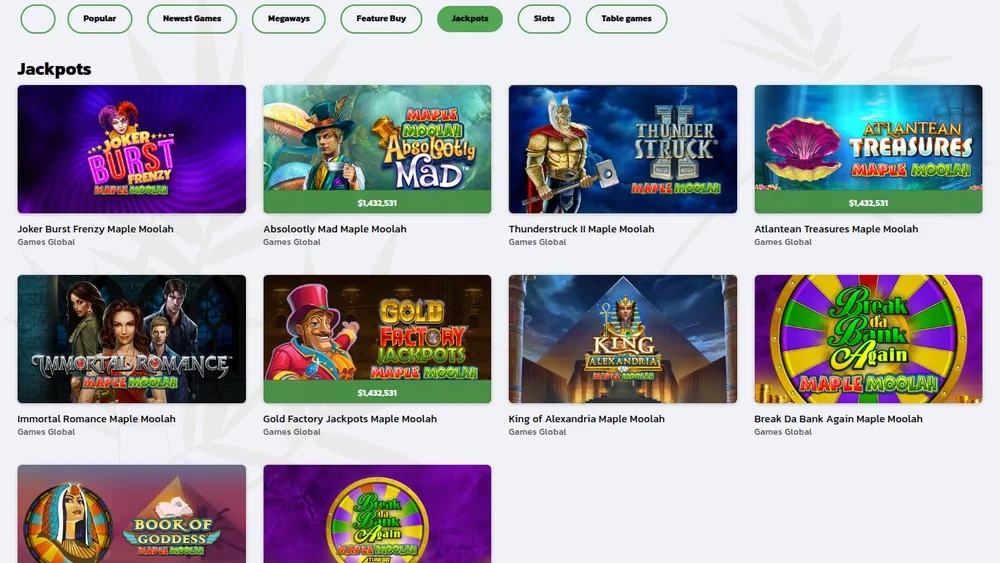 Royal Panda Ontario jackpot shelf, every game on the Maple Moolah network from Games Global