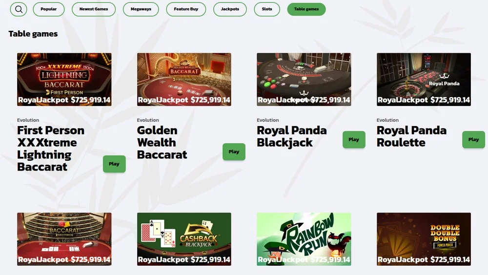 Royal Panda Ontario table games including Royal Panda Blackjack and Royal Panda Roulette