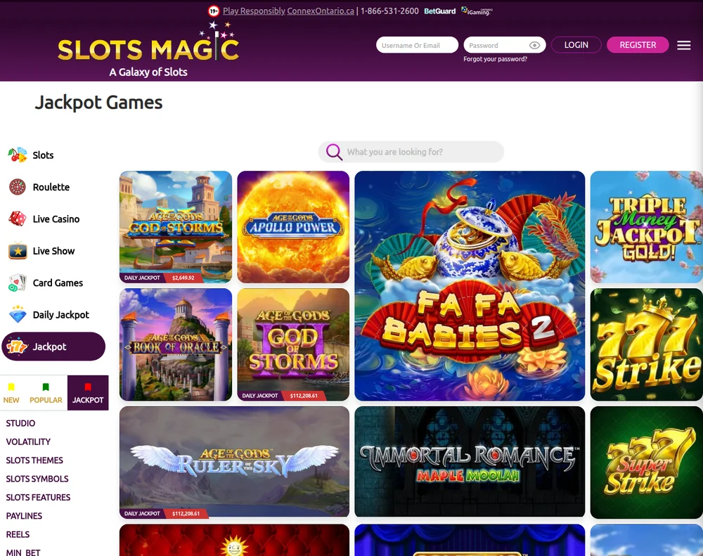 Jackpot games at SlotsMagic Ontario showing live daily jackpot values