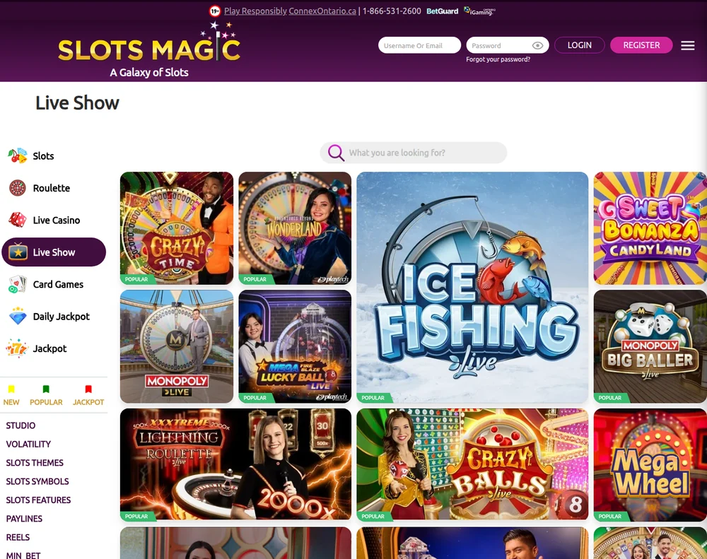 Live game shows at SlotsMagic Ontario including Crazy Time and Ice Fishing